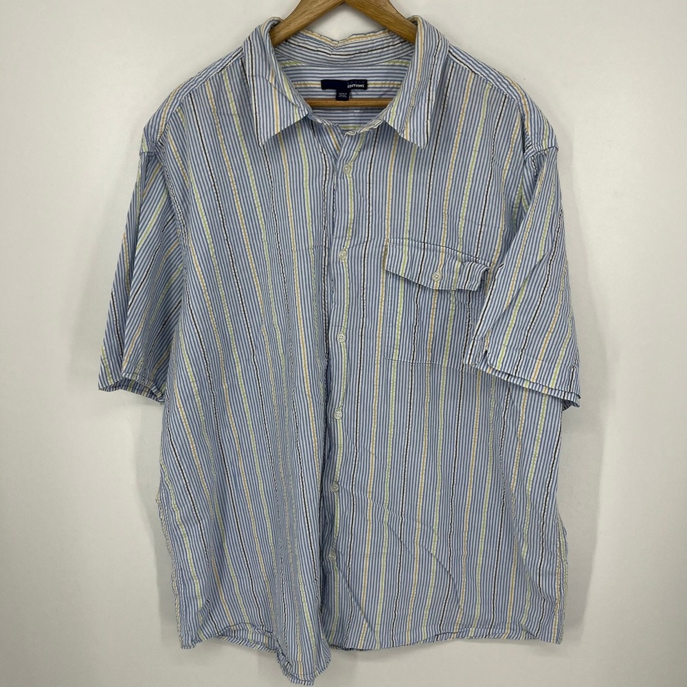 Basic Editions Mens XL Tall Blue Striped Seersucker Short Sleeve Button Up Shirt